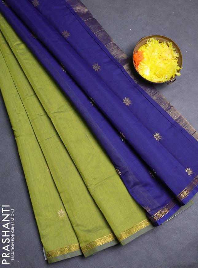 Semi maheswai cotton saree light green and blue with allover zari woven buttas and small zari woven border