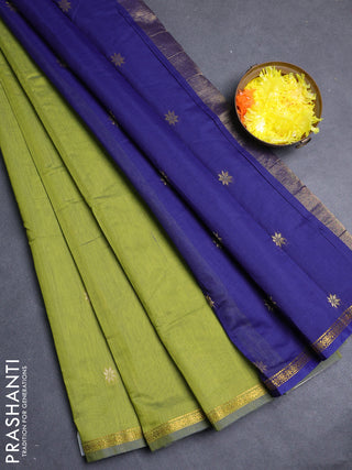 Semi maheswai cotton saree light green and blue with allover zari woven buttas and small zari woven border