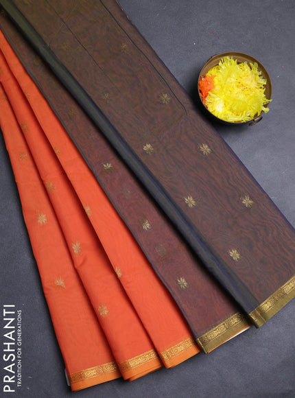 Semi maheswai cotton saree orange and blue with allover zari woven buttas and small zari woven border