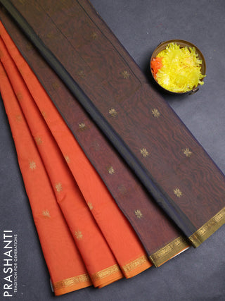 Semi maheswai cotton saree orange and blue with allover zari woven buttas and small zari woven border