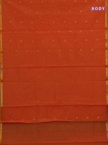Semi maheswai cotton saree orange and blue with allover zari woven buttas and small zari woven border