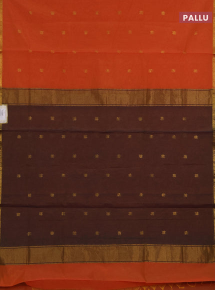 Semi maheswai cotton saree orange and blue with allover zari woven buttas and small zari woven border