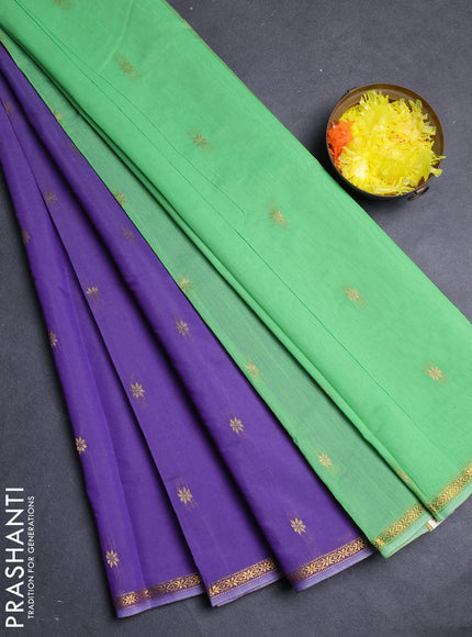 Semi maheswai cotton saree violet and light green with allover zari woven buttas and small zari woven border