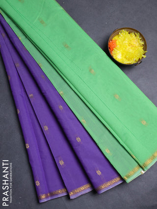 Semi maheswai cotton saree violet and light green with allover zari woven buttas and small zari woven border