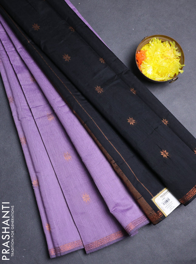 Semi maheswai cotton saree lavender and black with allover copper zari woven buttas and copper zari woven border