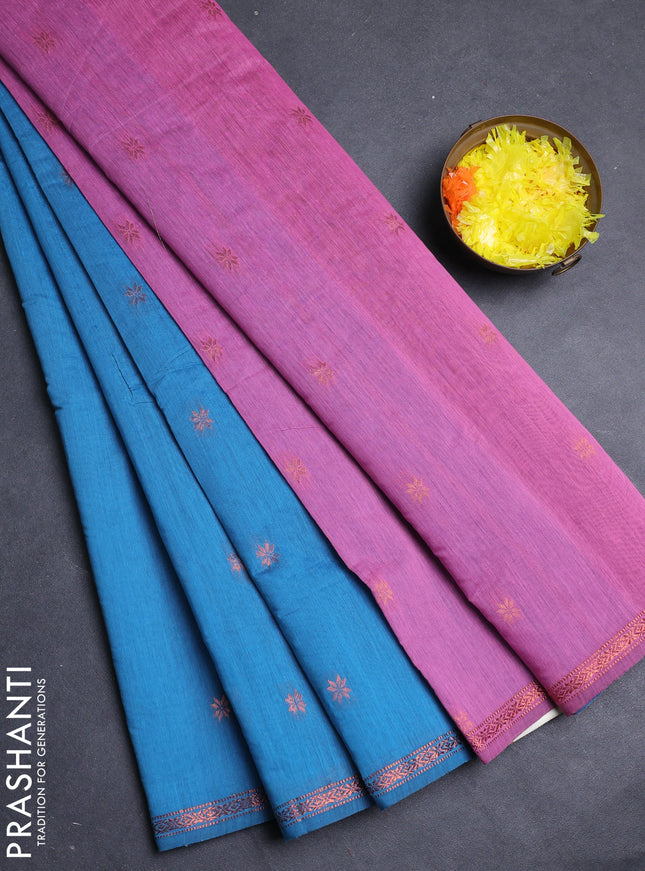 Semi maheswai cotton saree cs blue and pink with allover copper zari woven buttas and copper zari woven border