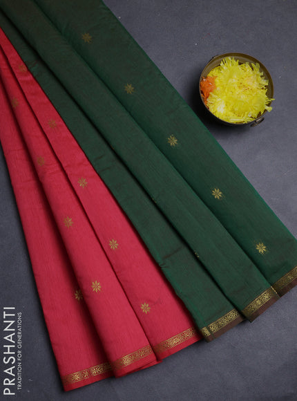 Semi maheswai cotton saree candy pink and dark green with allover zari woven buttas and small zari woven border