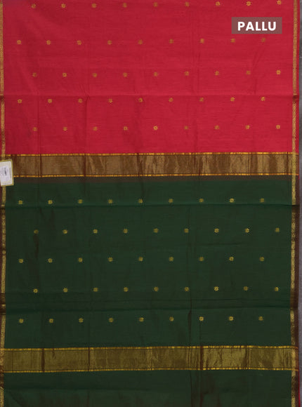 Semi maheswai cotton saree candy pink and dark green with allover zari woven buttas and small zari woven border