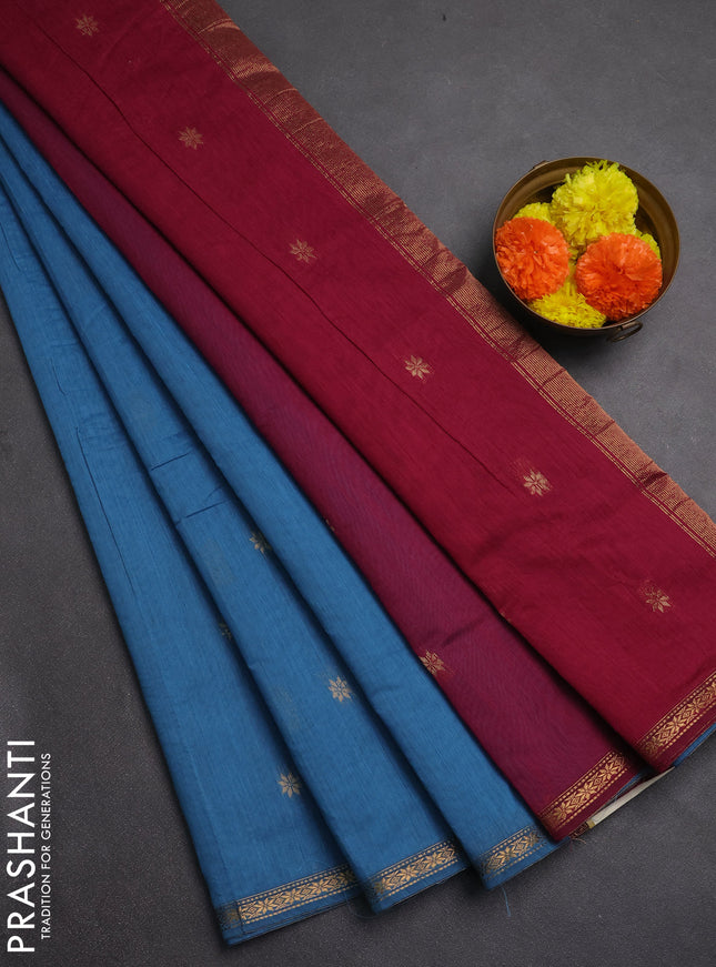 Semi maheswai cotton saree blue and wine shade with zari woven buttas and zari woven border