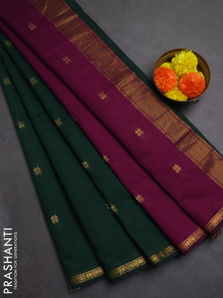 Semi maheswai cotton saree bottle green and purple with zari woven buttas and zari woven border