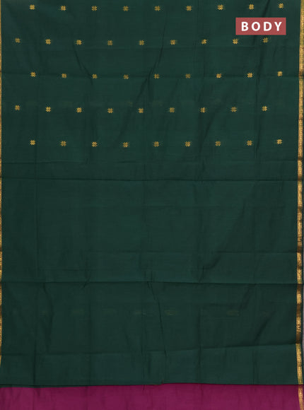 Semi maheswai cotton saree bottle green and purple with zari woven buttas and zari woven border