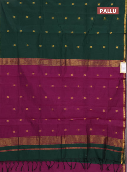 Semi maheswai cotton saree bottle green and purple with zari woven buttas and zari woven border