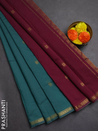 Semi maheswai cotton saree teal green and wine shade with zari woven buttas and zari woven border