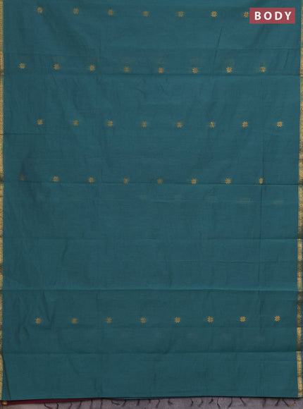 Semi maheswai cotton saree teal green and wine shade with zari woven buttas and zari woven border