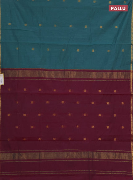 Semi maheswai cotton saree teal green and wine shade with zari woven buttas and zari woven border