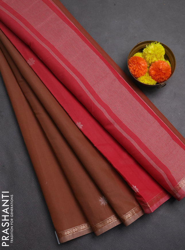 Semi maheswai cotton saree brown shade and red with zari woven buttas and zari woven border