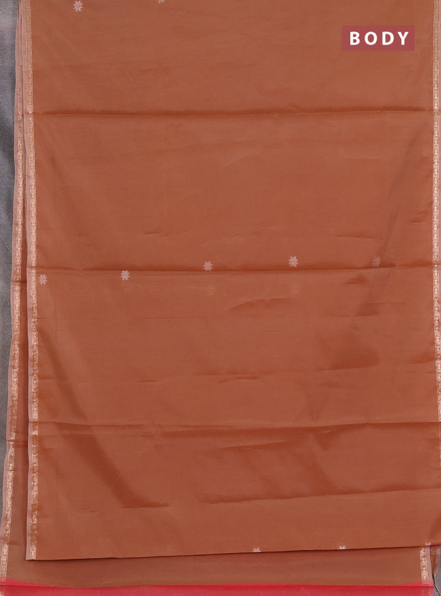 Semi maheswai cotton saree brown shade and red with zari woven buttas and zari woven border
