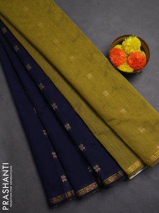 Semi maheswai cotton saree navy blue and mustard green with zari woven buttas and zari woven border