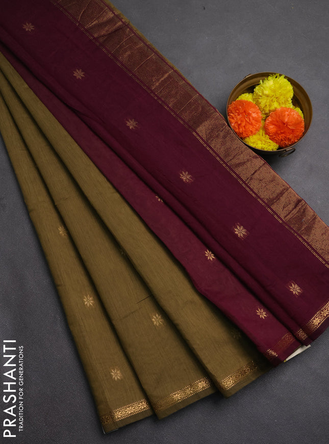 Semi maheswai cotton saree dark olive green and wine shade with zari woven buttas and zari woven border