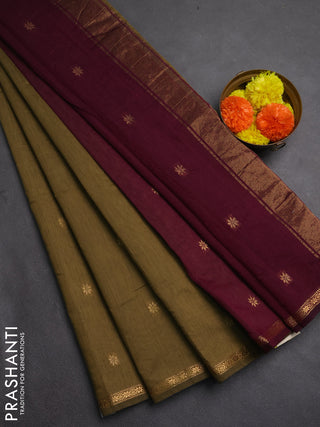 Semi maheswai cotton saree dark olive green and wine shade with zari woven buttas and zari woven border