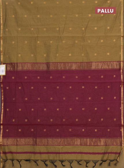 Semi maheswai cotton saree dark olive green and wine shade with zari woven buttas and zari woven border