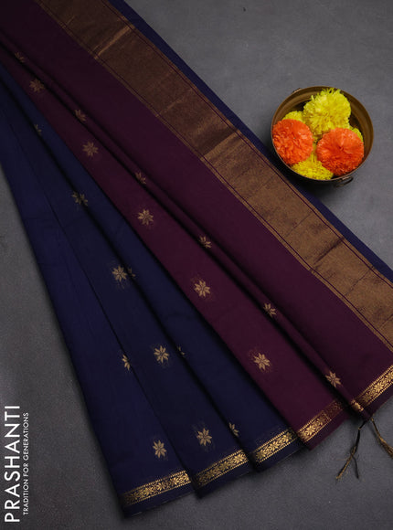 Semi maheswai cotton saree deep purple and navy blue with zari woven buttas and zari woven border