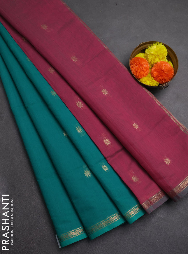 Semi maheswai cotton saree teal green and pink with zari woven buttas and zari woven border