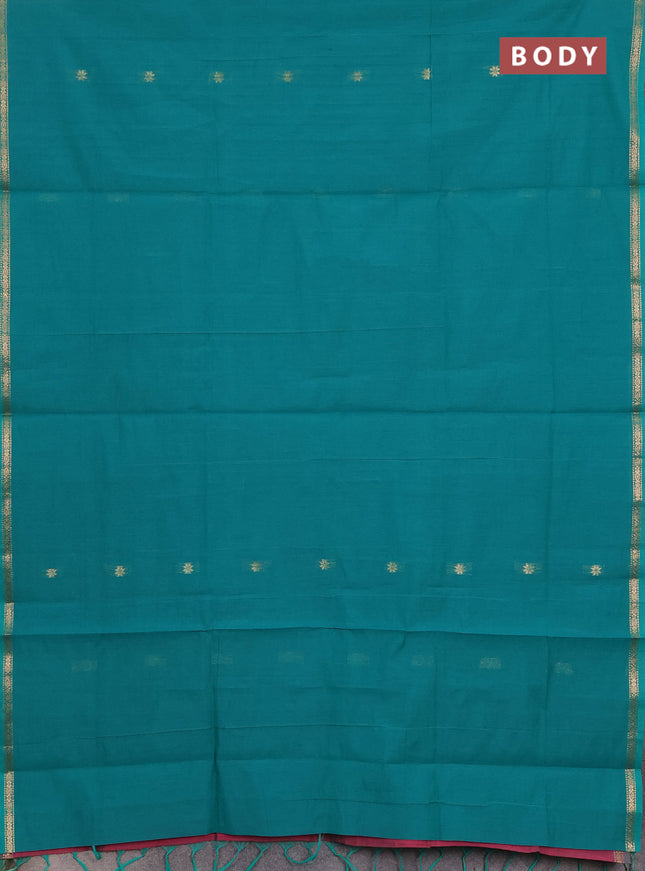 Semi maheswai cotton saree teal green and pink with zari woven buttas and zari woven border