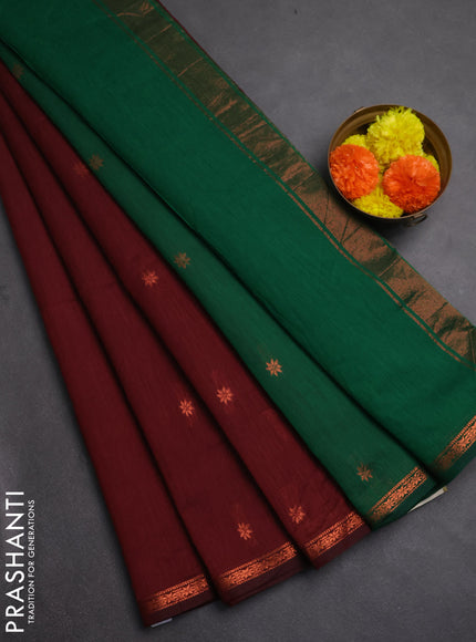 Semi maheswai cotton saree maroon and green with zari woven buttas and copper zari woven border