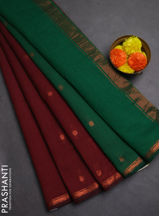 Semi maheswai cotton saree maroon and green with zari woven buttas and copper zari woven border