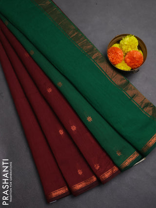 Semi maheswai cotton saree maroon and green with zari woven buttas and copper zari woven border