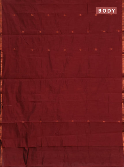 Semi maheswai cotton saree maroon and green with zari woven buttas and copper zari woven border