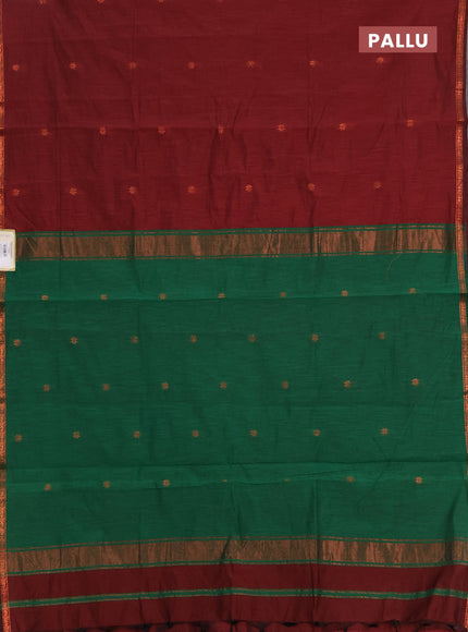 Semi maheswai cotton saree maroon and green with zari woven buttas and copper zari woven border