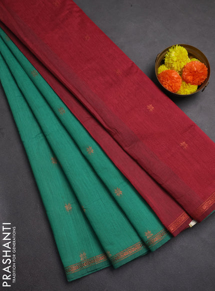 Semi maheswai cotton saree green and maroon shade with zari woven buttas and copper zari woven border