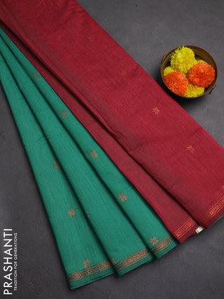 Semi maheswai cotton saree green and maroon shade with zari woven buttas and copper zari woven border