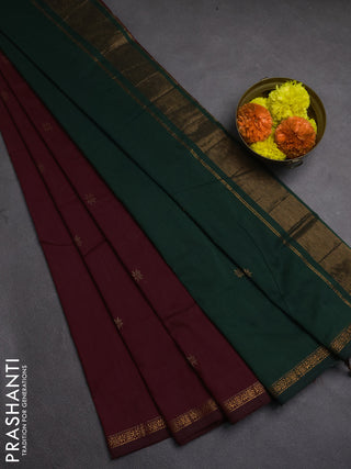 Semi maheswai cotton saree maroon and bottle green with zari woven buttas and zari woven border