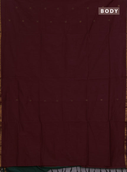 Semi maheswai cotton saree maroon and bottle green with zari woven buttas and zari woven border