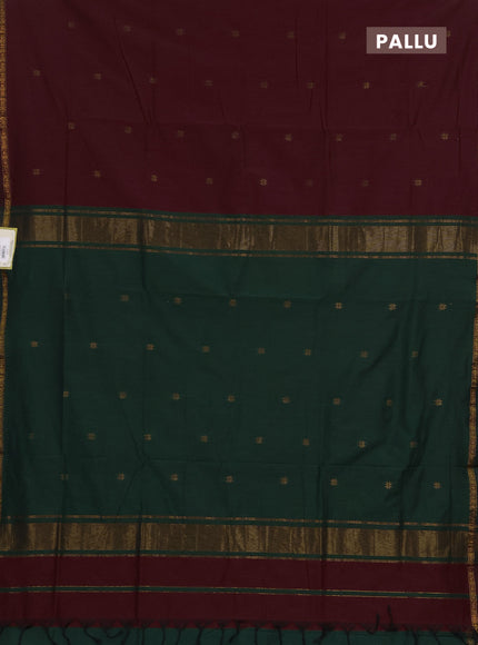Semi maheswai cotton saree maroon and bottle green with zari woven buttas and zari woven border
