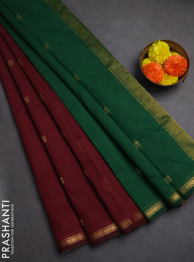 Semi maheswai cotton saree green and deep maroon with zari woven buttas and zari woven border