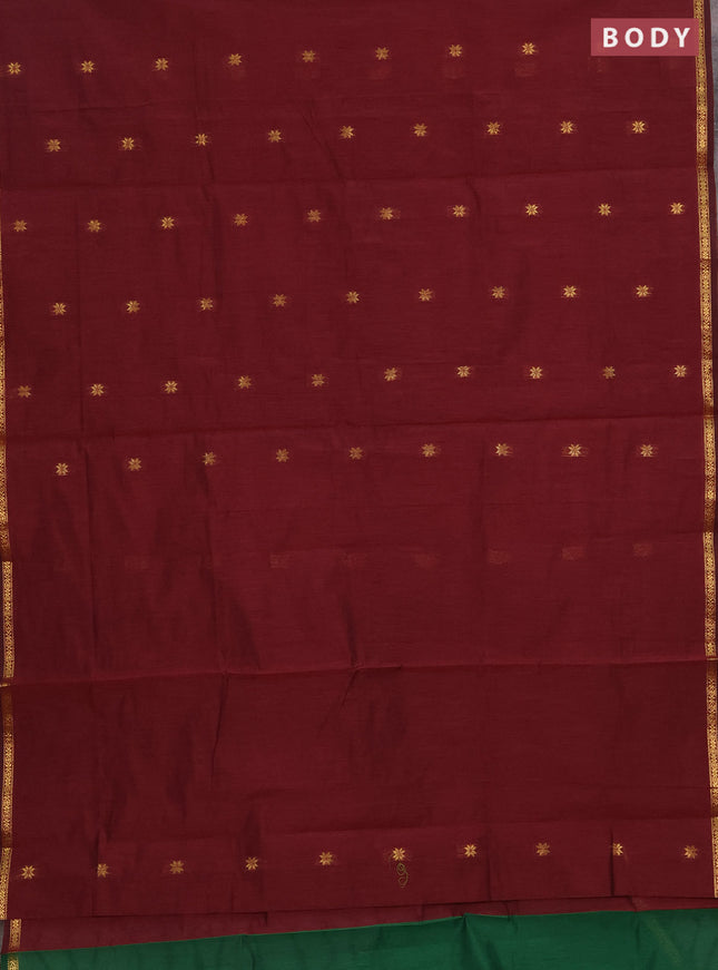 Semi maheswai cotton saree green and deep maroon with zari woven buttas and zari woven border