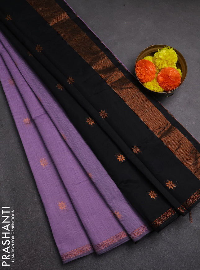 Semi maheswai cotton saree lavender shade and black with zari woven buttas and copper zari woven border