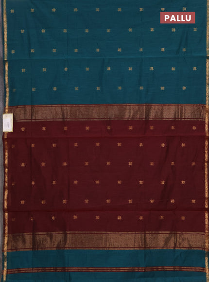Semi maheswai cotton saree peacock green and maroon with zari woven buttas and zari woven border