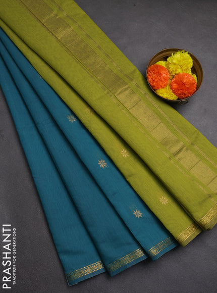 Semi maheswai cotton saree teal green shade and lime green with zari woven buttas and zari woven border