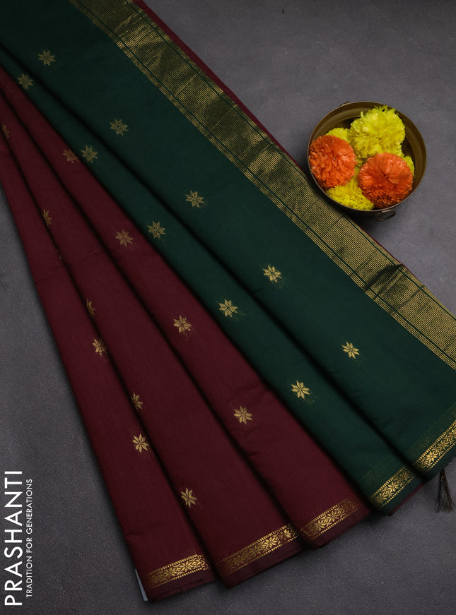 Semi maheswai cotton saree bottle green and maroon with zari woven buttas and zari woven border