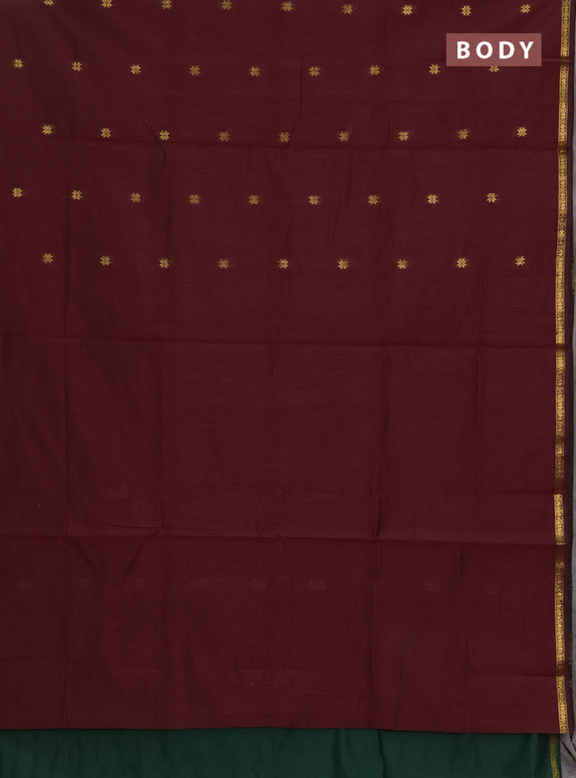 Semi maheswai cotton saree bottle green and maroon with zari woven buttas and zari woven border