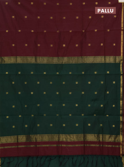 Semi maheswai cotton saree bottle green and maroon with zari woven buttas and zari woven border