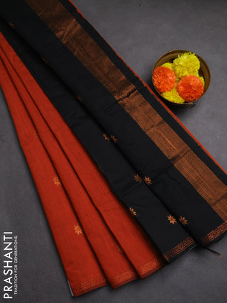 Semi maheswai cotton saree rustic orange and black with zari woven buttas and zari woven border