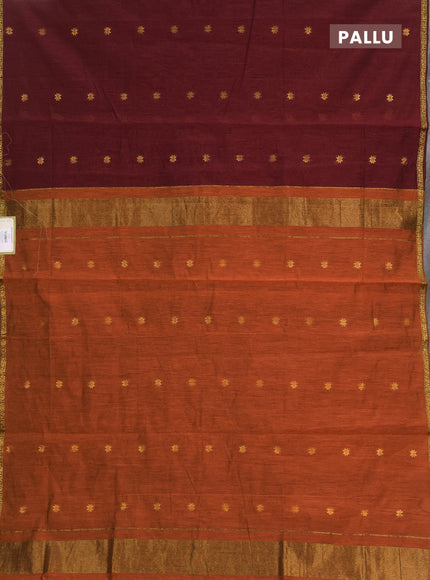 Semi maheswai cotton saree maroon and rustic orange with zari woven buttas and zari woven border