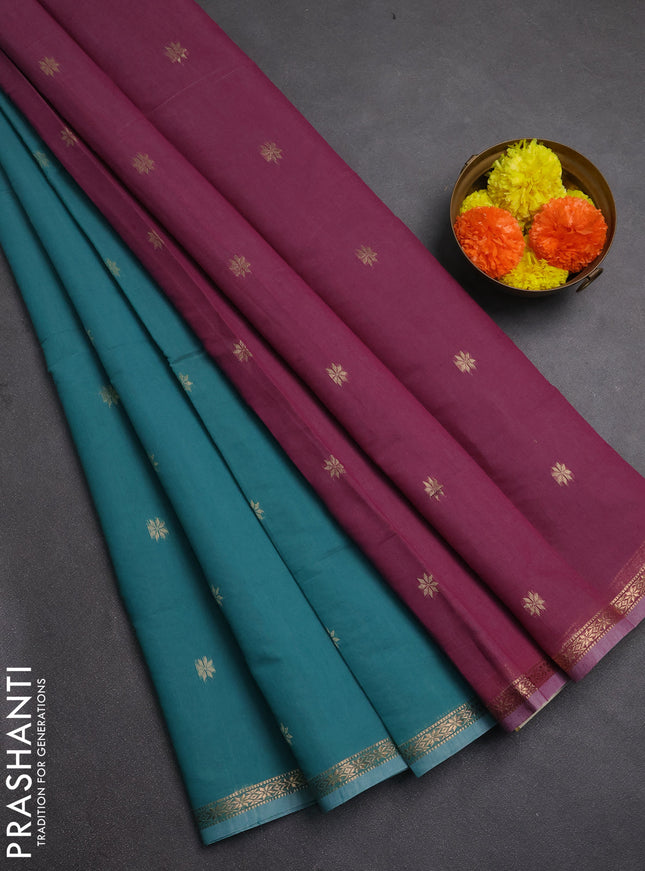 Semi maheswai cotton saree teal blue and wine shade with zari woven buttas and zari woven border