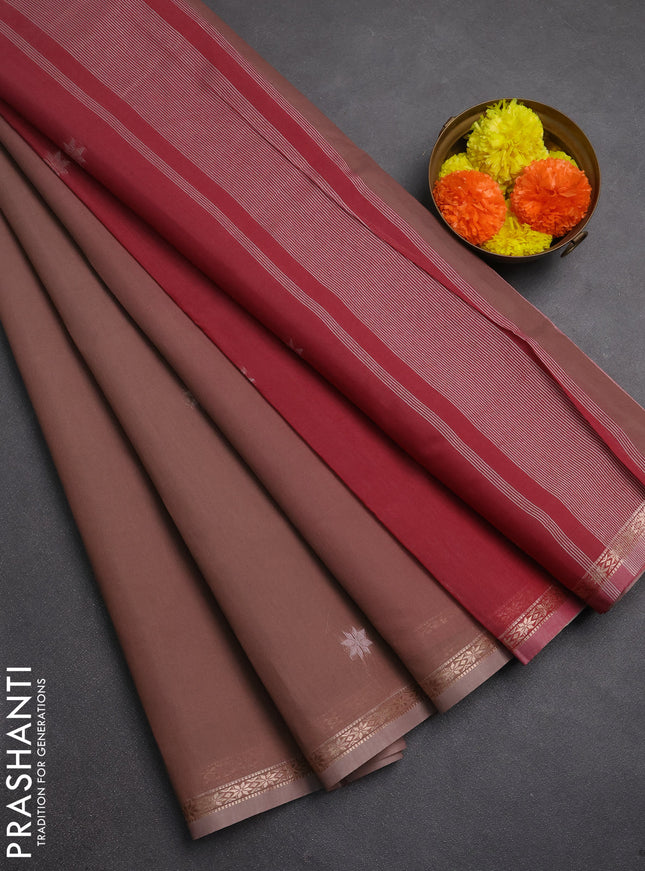 Semi maheswai cotton saree pastel brown and maroon with zari woven buttas and zari woven border